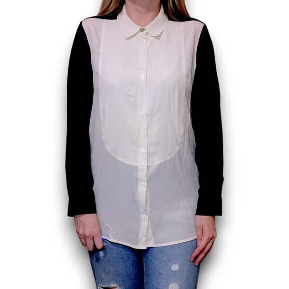 Sandro Paris Black and White Contrast Button Down 100% Silk Top - Picture 2 of 7